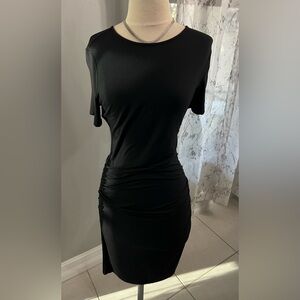 Black Venus dress with side ruching and short sleeves